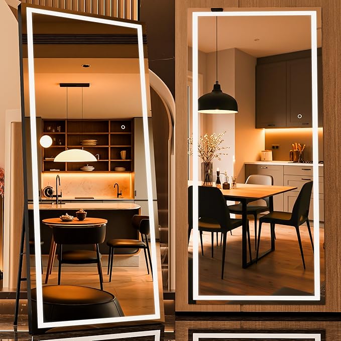 Full Length Mirror with Lights, 71" x 32" LED Lighted Floor Standing Body Mirror, Dimmable & 3 Color Lighting for Bedroom, Cloakroom, Dressing Room, Tempered Glass, Square Black