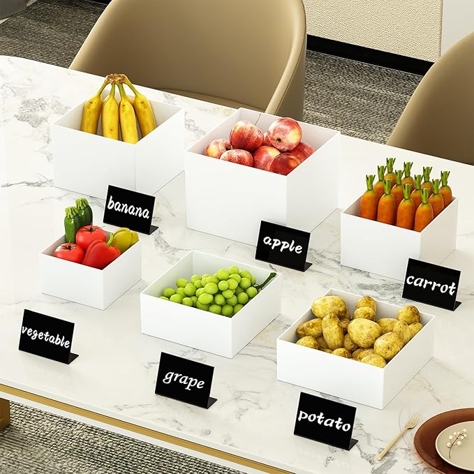 6 Pcs Medium-Sized White Acrylic Boxes for Display as Buffet Risers and Stands, Food Risers for Party, Table, including 8", 7.5", 7", 6.8", 6", 5" (Medium, White, 6Pcs, With Mini Signs)