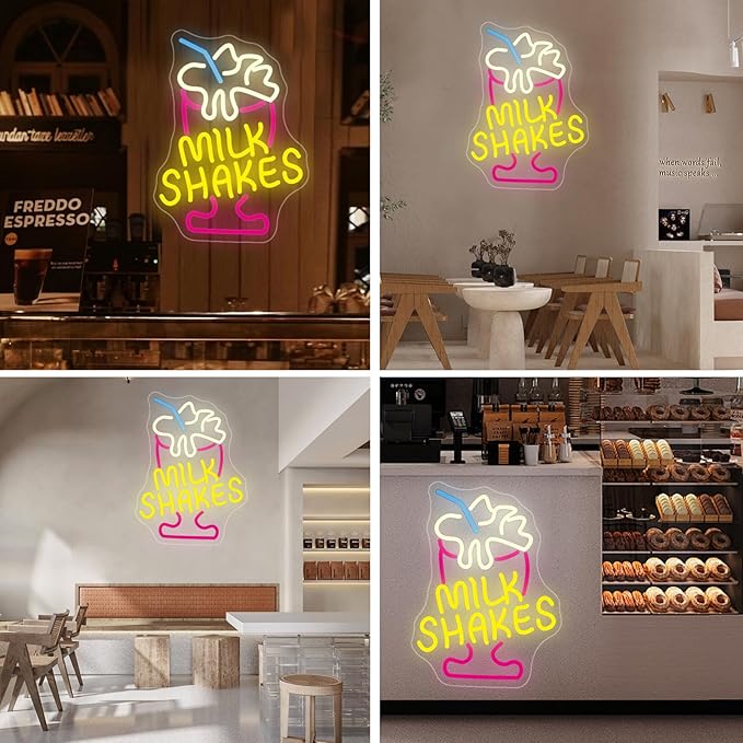 Milk Shakes Neon Sign Ice Cream Neon Signs for Wall Decor, Colorful LED Neon Lights for Dessert Shops Restaurants Bars with USB Power & Light-Up Signs