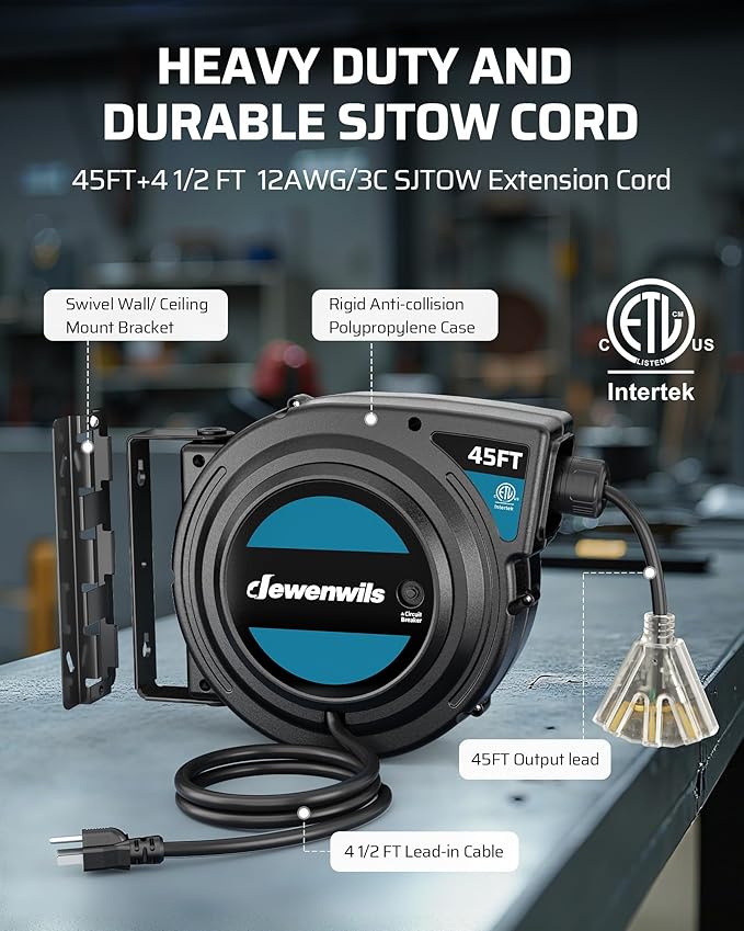 DEWENWILS 45FT Retractable Extension Cord Reel with Twist-lock Stopper, 12/3C SJTOW Heavy Duty Power Cord Reel, Brighter Triple Tap Outlet, 15A Circuit Breaker, Ceiling/Wall Mount, ETL Listed, Black