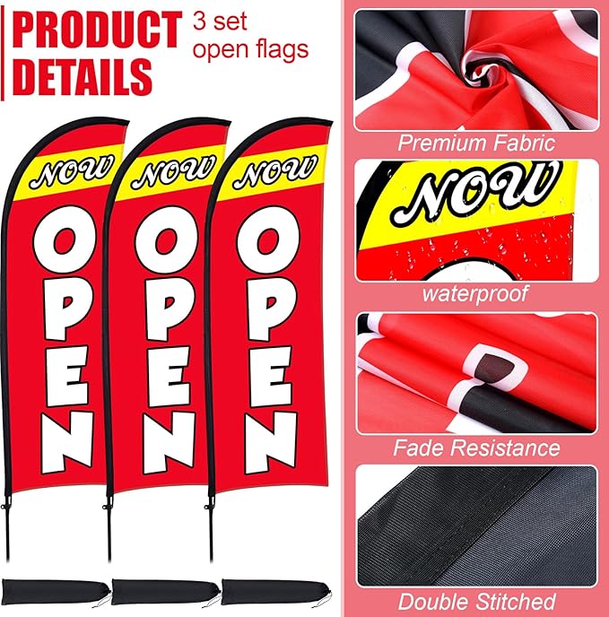 Buryeah 3 Sets Now Open Feather Flag Pole Kit for Business Advertising 7 ft Open Flag Banner Sign with Pole Kit Ground Stake and Portable Bag for Outside Ground (Red)