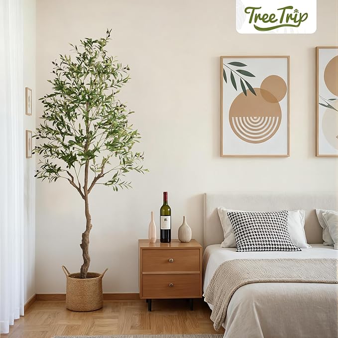 Artificial Olive Tree 7FT, Tall Faux Olive Trees with White Pot for Indoor Outdoor, Realistic Potted Plant Natural Wood Trunk, Leaves and Fruits for Home Office Decor (1, 7FT)
