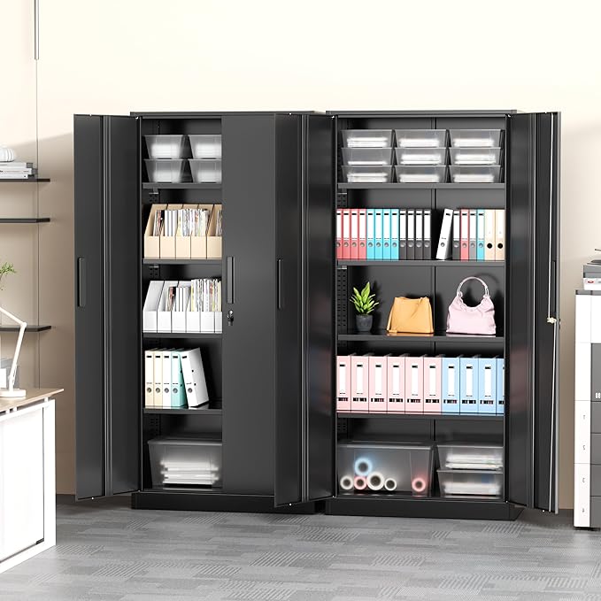 Greenvelly Metal Storage Cabinet with Lock,71" Metal Garage Cabinet with 2 Doors and 4 Adjustable Shelves,Lockable Storage Organization, Steel Tool Cabinets for Office,Home,Garage,Gym,School (Black)