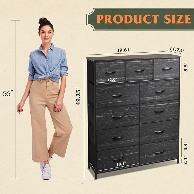 WLIVE Storage Organizer Unit with 11 Fabric Bins, Storage Drawers Organizer with Steel Frame, Tall Storage Tower Organizaton for Living Room, Hallway, Office, Charcoal Black Wood Grain Print