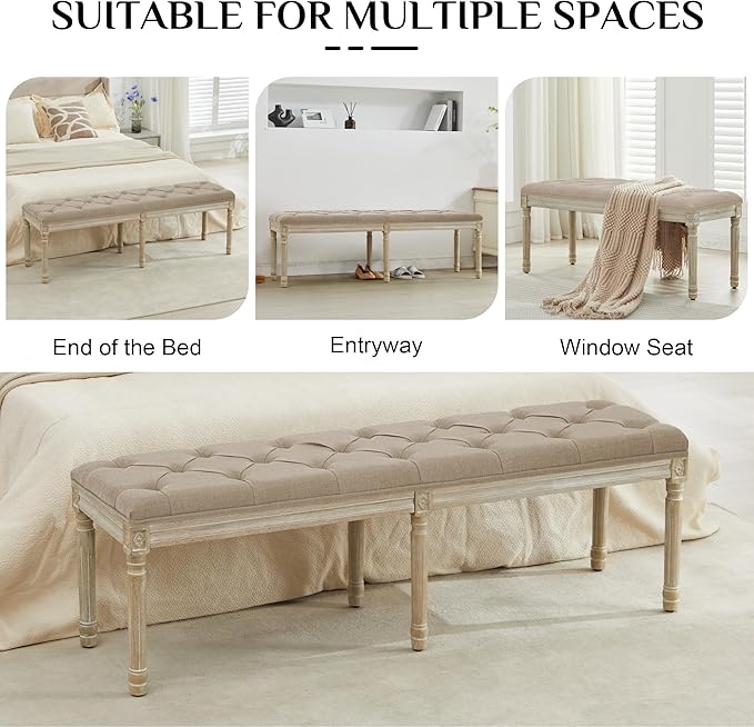 LOULENS 57.7" Linen Fabric End of Bed Bench, French Upholstered Button Tufted Bench for Bedroom End of Bed, Window Seat with Carved Wood Legs for Bedroom, Living Room, Entryway, Light Brown