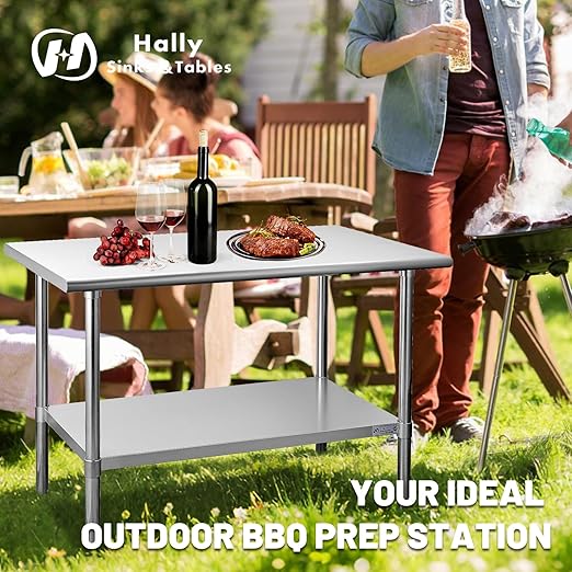 Hally Stainless Steel Table for Prep & Work 14 x 72 Inches, NSF Commercial Heavy Duty Table with Undershelf and Galvanized Legs for Restaurant, Home and Hotel