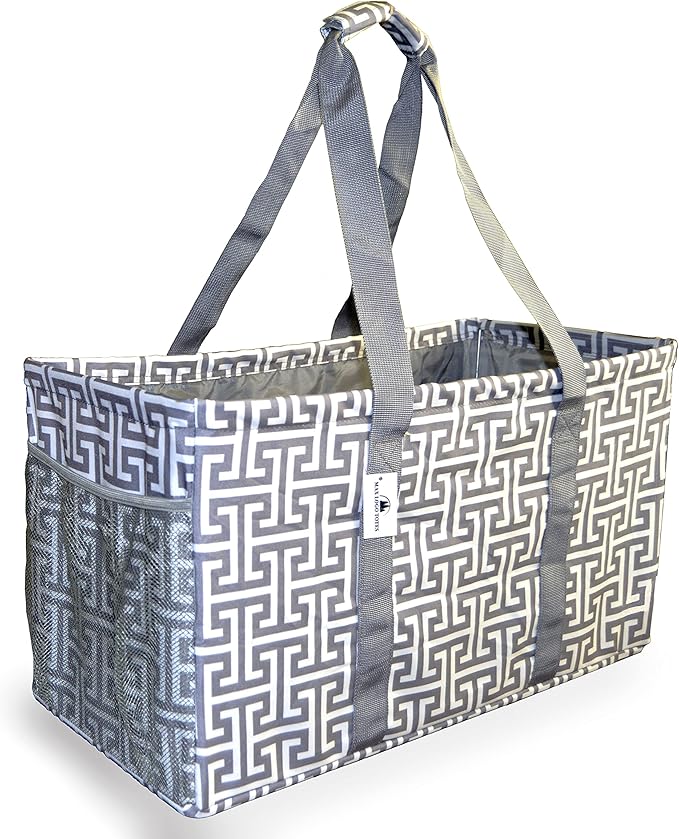 Extra Large Reusable Grocery Tote, premium quality canvas, stands upright & collapses, sturdy base, waterproof for beach/pool towels, storage, picnicking, tailgating, sport equipment, Max Logo