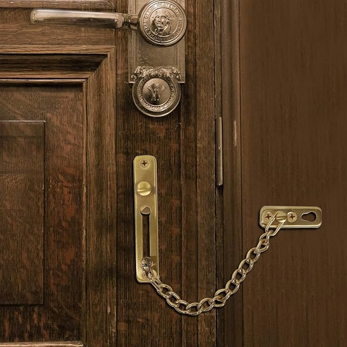 2 Pack Door Chain Lock, KINJOEK Stainless Steel Security Chain Guard with Spring Anti Theft Press Lock, Heavy Duty Polished Door Latch with Screws, Gold