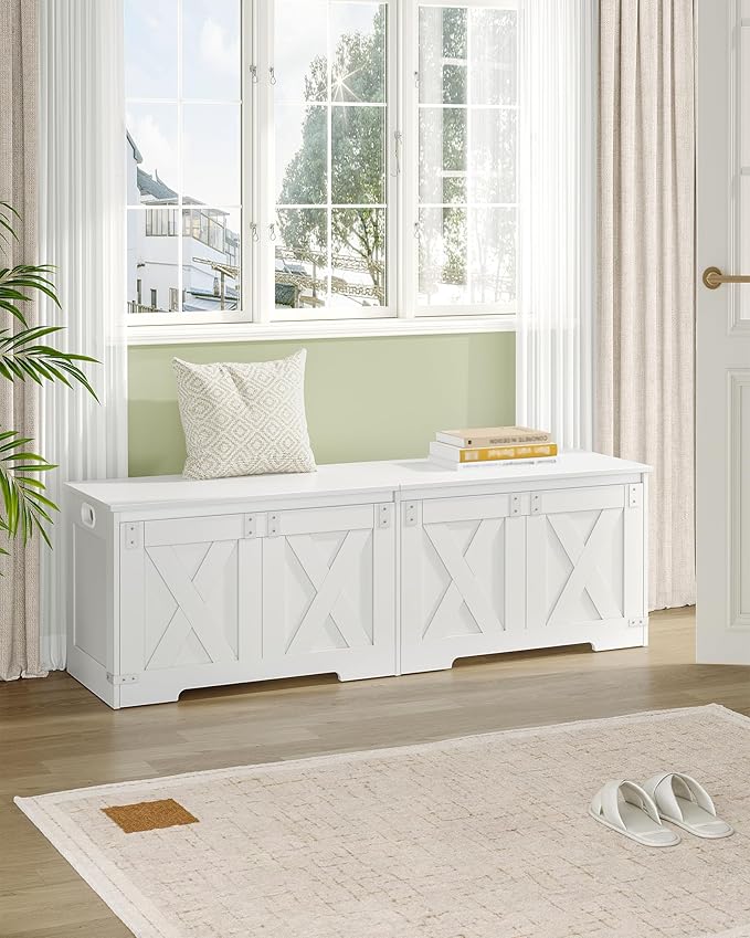 59" Storage Chest, Large Storage Trunk with 2 Hinges, Farmhouse Wooden Box Bench, Lift-Top Organizer Chest, Entryway Trunk for Bedroom, Living Room, White SB15003X