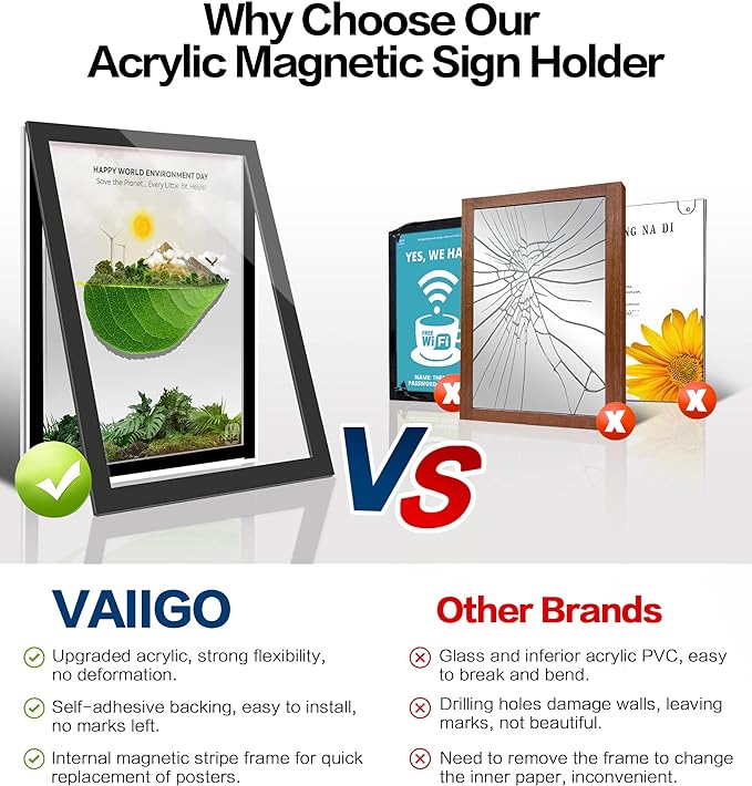 Acrylic Sign Holder 8.5x11 Wall Mount - 5 Pack Adhesive Frames, Magnetic Frame, Document & Picture Holder for Wall, Door, Glass Acrylic Frame with Strong Magnetic Sign Holder