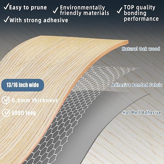 White Oak Edge Banding, 13/16 inch x 500ft roll of Veneer Edge Banding, Pre-glued Flexible Real Wood Tape Banding for Cabinet Repair Furniture Restoration