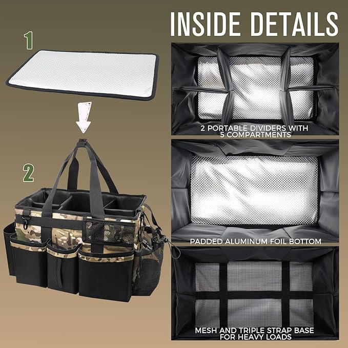 Wearable Cleaning Caddy Organizer with Handle & Shoulder Straps for Housekeepers, Under Sink & Car Cleaning Tool Organizer Bag with 4 Foldable Dividers (Camouflage)