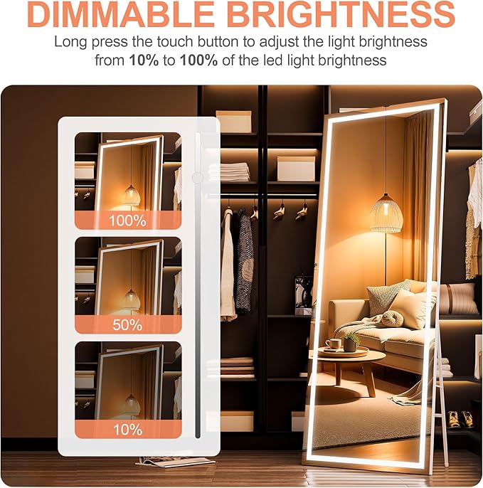 Full Length Mirror with Lights, 67" x 24" LED Lighted Floor Standing Body Mirror, Dimmable & 3 Color Lighting for Bedroom, Cloakroom, Dressing Room, Tempered Glass, Square White