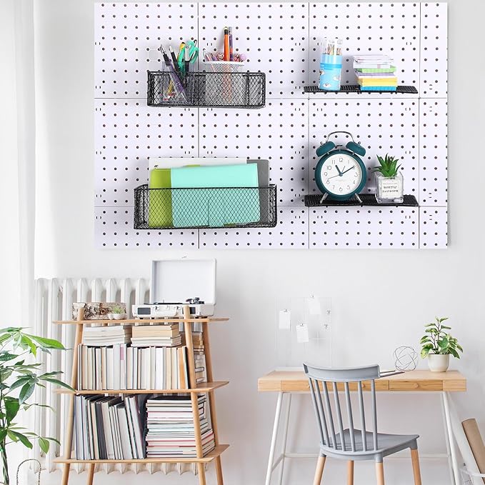 Hicarer 8 Pack Pegboard Baskets and Peg Board Racks Set, Pegboard Hooks, Square Style Wire Shelf Baskets, for Organize Tools, Workbench, Accessories, Garage Storage, Wall Organizer Attachments (Black)