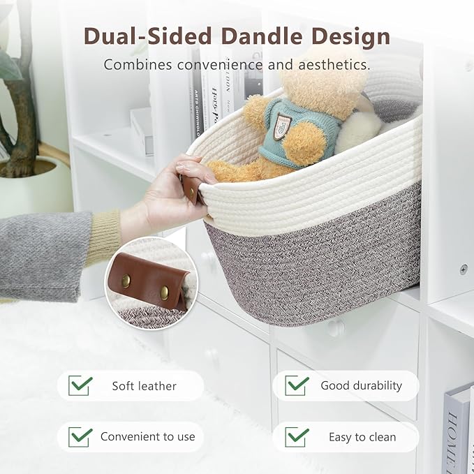 Cotton Rope Basket, Storage Baskets with Handle, 15x10x9 Inch Woven Basket for Shelves, Laundry, Towels, Clothes, Books (White Brown 1 Pack)