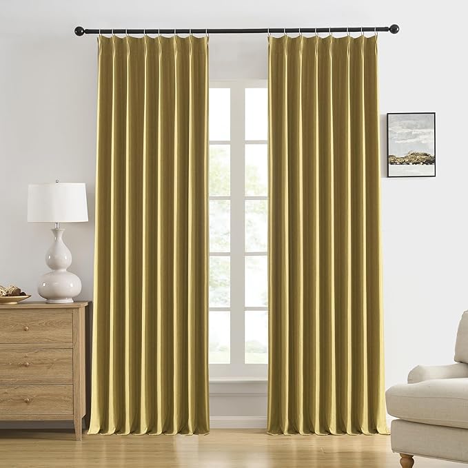 DUALIFE Mustard Yellow Pinch Pleated Blackout Curtains 105 Inches Long, Back Tab with Hooks, Linen Full Black Out Thermal Insulated Track Curtain for Bedroom Living Room,50 W x 105 L, 2 Panels