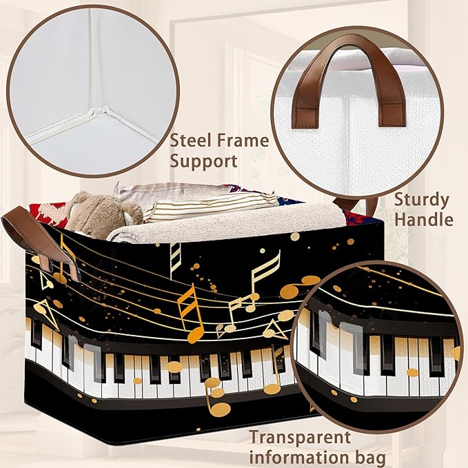 Piano Keyboard Pattern Storage Basket Large 17x11.5x10.5 Inche-Collapsible Fabric Organizer Bin with Handles for Music Room, Nursery, Toys-Foldable Decorative Hamper with Black White Keys-Single Pack