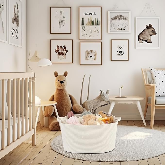 Large Rectangle Blankets Basket Living Room 22"x17"x12" Woven Cotton Rope Storage Baskets for Nursery Toy Baskets for Kids and Dogs Wicker Laundry Basket Bin for Clothes Towels white