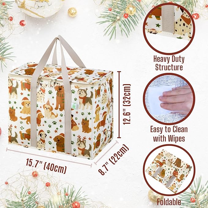 VENO 2 Pack Christmas Cooler Bag Insulated Reusable Grocery Shopping Bag, Food Delivery, Heavy Duty, Large Size, Durable Handles, Double Zippers, Lid, Collapsible (Holiday Pups, 2 Pack)