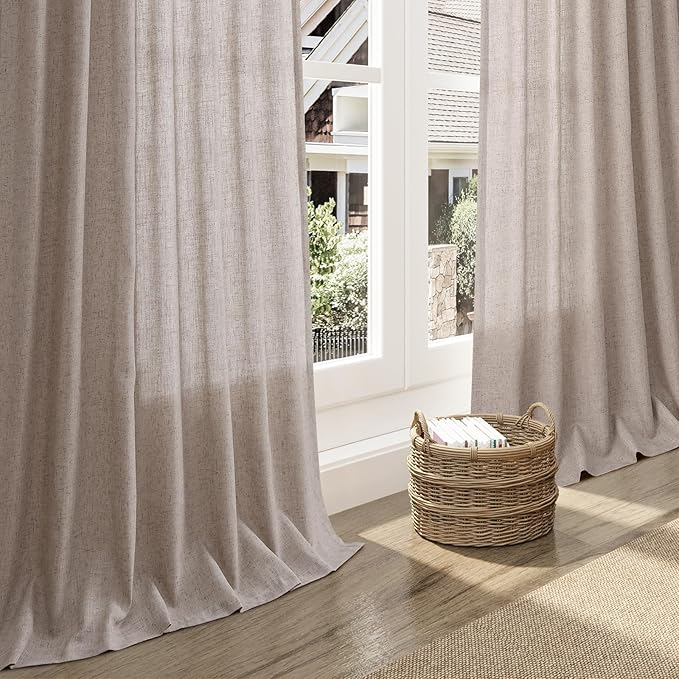 Extra Long Curtain 108 Inches Long 2 Panels Set Back Tab Brownish Grey Linen Drapes for Living Room Neutral Farmhouse Light Filtering Semi Sheer Linen Curtains 108 Inch Length for Large Window 9 FT