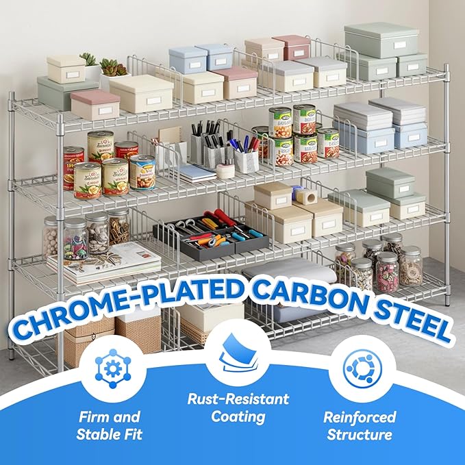 6 Pcs 18" W x 8" H Chrome Plated Steel Wire Shelf Divider, No Tool Metal Shelf Dividers for Wire Shelves for Kitchen, Bathroom, Pantry, Office Storage, Silver