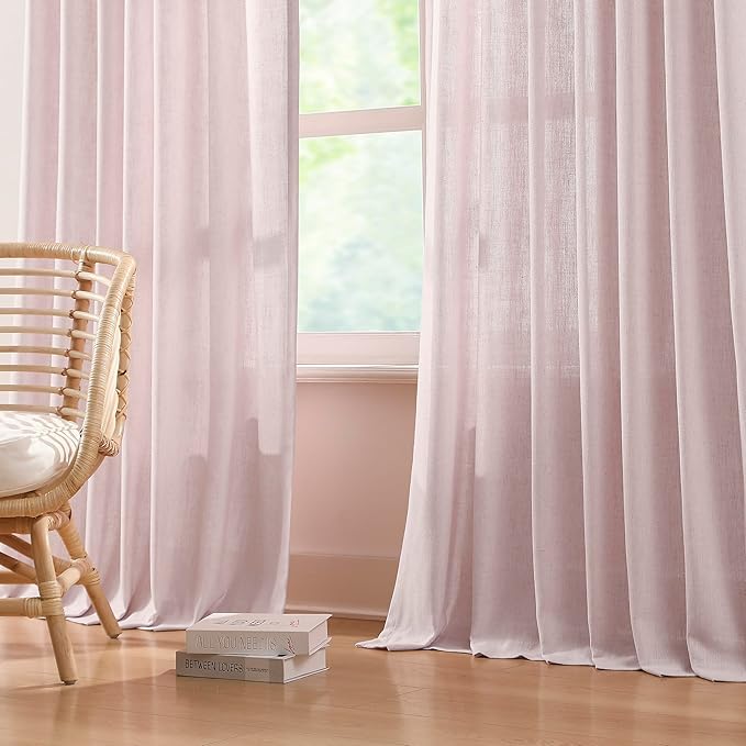 Vision Home Soft Pink Pinch Pleated Semi Sheer Curtains Textured Linen Blended Light Filtering Window Curtains 108 inch for Living Room Bedroom Pinch Pleat Drapes with Hooks 2 Panels 9ft 40" Wx108 L