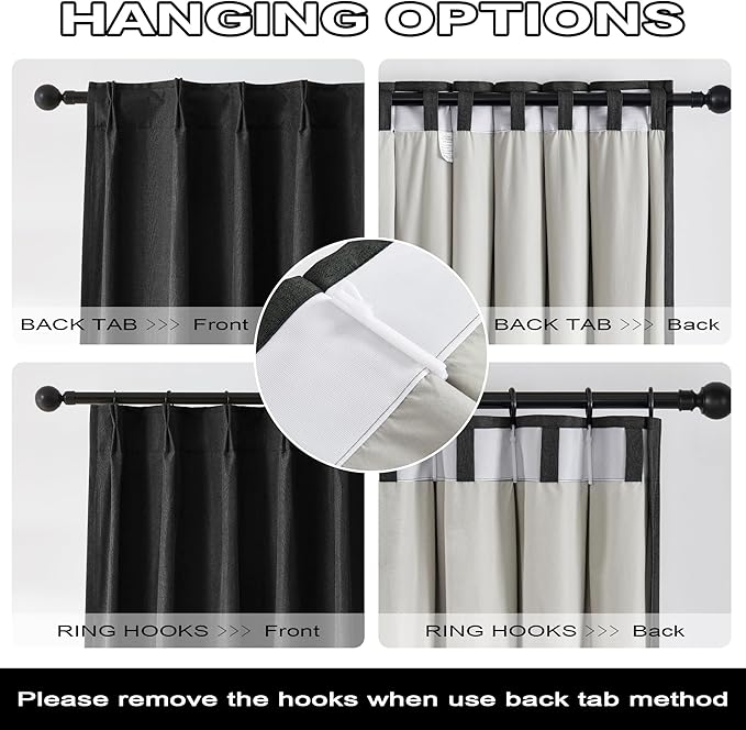 DUALIFE Black Blackout Pinch Pleated Curtains 102 Inches Long 2 Panels, Back Tab Thermal Insulated With Hooks Room Darkening Track for Living Room Sliding Door, 40W x 102L Inch