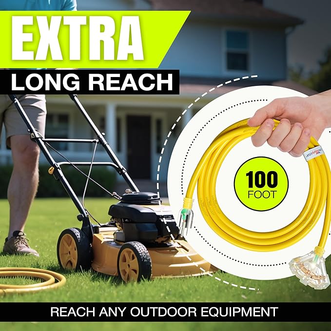 100ft Outdoor/Indoor Extension Cord 3-Outlet 12/3 Gauge Extra Heavy Duty ETL Listed, 3 Prong SJTW, Waterproof, Flexible Cold-Resistant Long Power Cord,15A 125V 1875W, Yellow by LifeSupplyUSA