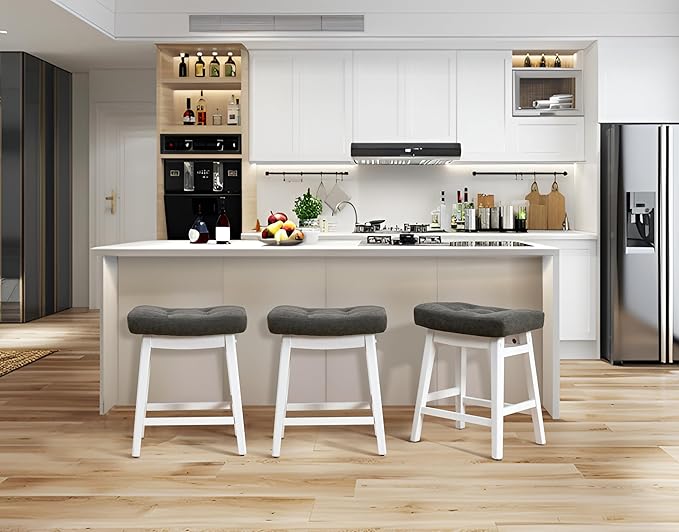 Counter Height Bar Stool for Kitchen Counter Modern Backless Barstool with Upholstered Faux Leather Seat and Solid Wood Leg Farmhouse 24 inch Bar Chair, Grey + White, 1pc