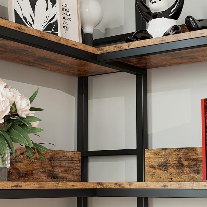 IRONCK Corner Bookshelf 5 Tiers, Industrial Corner Bookcase with Baffles Etagere, L Shaped Bookshelves with Metal Frame, Corner Shelf Storage Rack for Living Room Home Office