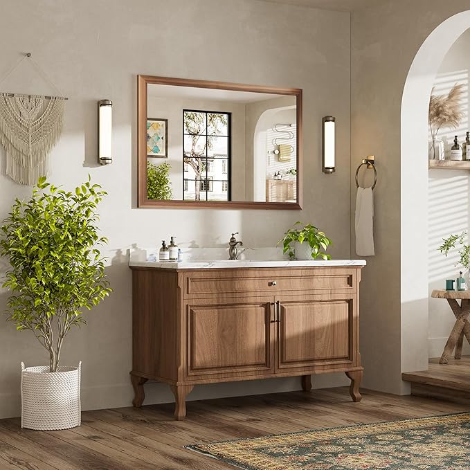 48x32 Inch Bathroom Mirror for Wall, Anti-Rust Walnut Wood Grain Metal Framed Bathroom Mirrors for Over Sink,Rectangler Mirrors for Bathroom Vanity, Farmhouse, Bedroom, Living Room, Entryway Decor
