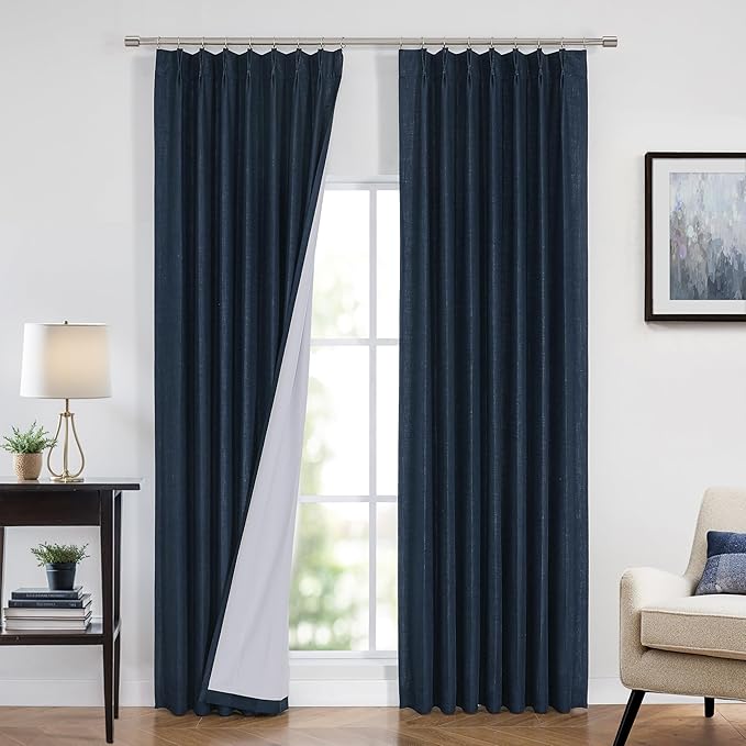 Vision Home Navy Blue Pinch Pleated Full Blackout Curtains Linen Blended Room Darkening Curtain Panels 72 inch for Living Room Bedroom Thermal Insulated Pinch Pleat Drapes with Hooks 40" Wx72 Lx2