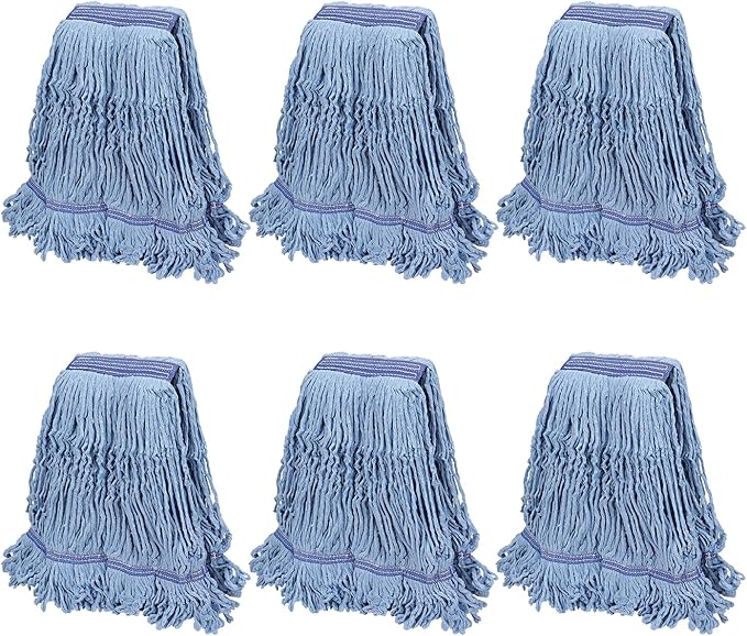 Commercial Mop Head Replacement for Rubbermaid: Wet Industrial Heavy Duty Large Blue Cotton Looped End String Mops Heads Refill 16oz Universal for Floor Cleaning - 6packs Washable Mopheads Bulk