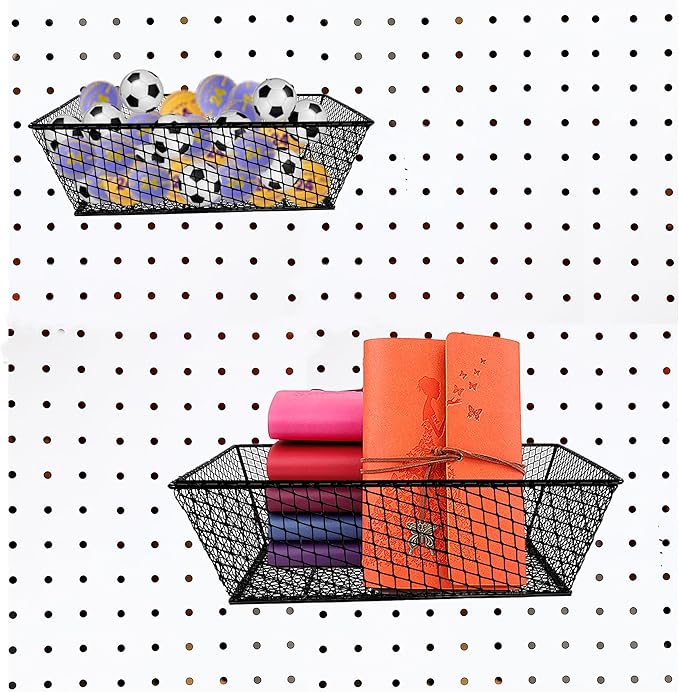 Pegboard Baskets Bins Set 6 Pack 2 Size Metal Pegboard Baskets Black Metal Wire Shelves Hooks for Organizing Various Tools Garage Workbench Kitchen Office Craft Room