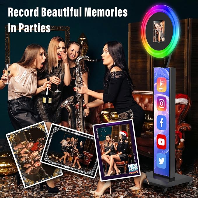 JIYANG Portable Photo Booth Compatible with Any Ipad,Photo Booth Stand Shell with ChackTok PhotoBooth VIP Member and Flight Case,Free Custom Logo,Perfect for Parties,Wedding and Events(Black)
