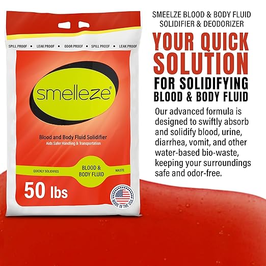 SMELLEZE Medical Waste Clean Up Super Absorbent Solidifier & Deodorizer: 50 lb. Granules Absorb Blood, Urine, Diarrhea, Vomit, Body Fluids & Other Water Based Bio Waste in Seconds