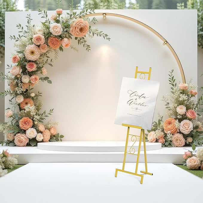 OUSHENG 2 Pack Easel Stand for Sign, Large Wedding Welcome Mirror Holder, Adjustable Free Standing Painting Rack with Chain Support for Display Poster Picture Frame Art, 17" x 17" x 58", Gold