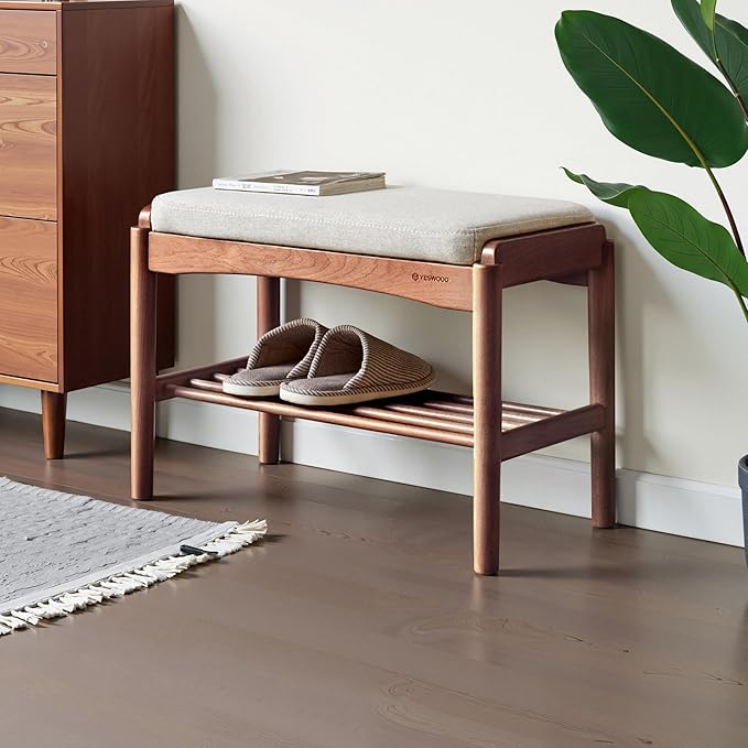 Solid Wood Shoe Bench Assembled, Shoe Rack Bench with Cushion for Entryway, Living Room, Bedroom, Hallway, 11.8" x 23.6" x 16.5", Walnut
