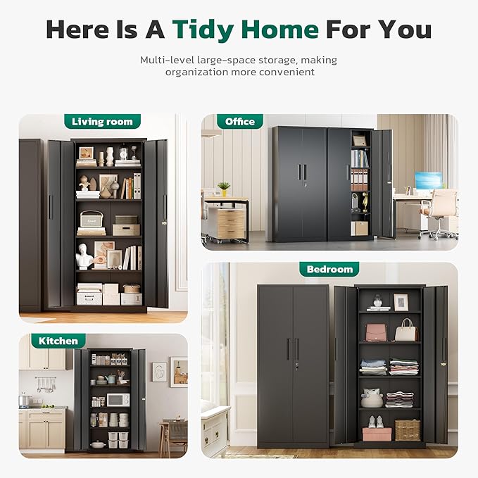 Greenvelly 63" H Metal Storage Cabinet Black, Locking Metal Cabinet, Store Tools, Clothes, Tableware and Toiletries, Garage Cabinets with Adjustable Shelves for Office, Home, Garage, Pantry