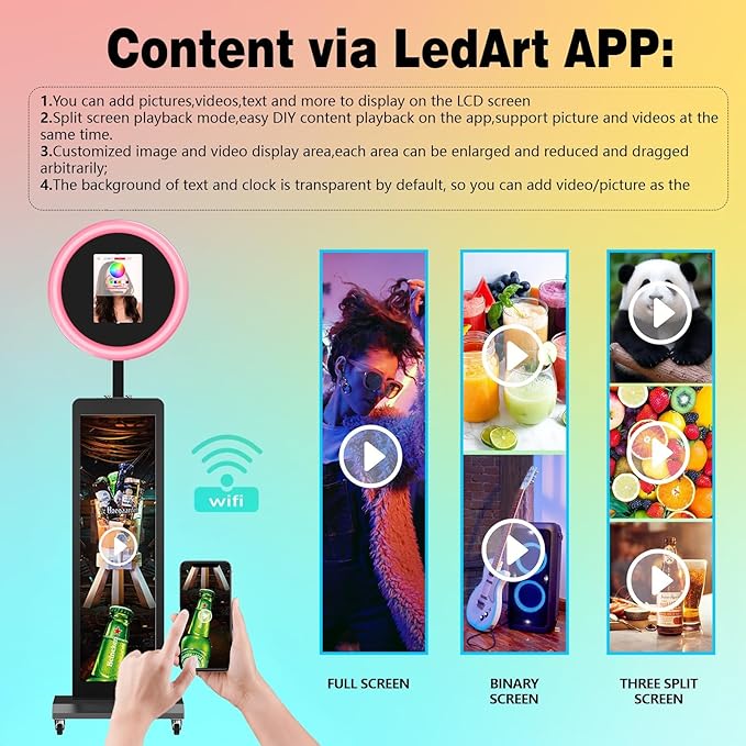 HARZHI LCD Screen Photo Booth, Compatible with Any Ipad, 1080P Intelligent Split Screen Ipad Photo Booth for Wedding Party Software APP Control Ring Light, 38'' Portable Flight Case Black