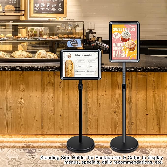 Sign Stand for Display - Adjustable 8.5x11 Inch Floor Standing Sign Holder, Pedestal Poster Stand for Vertical & Horizontal View, Indoor & Outdoor Use for Business, Mall, Restaurant - Black