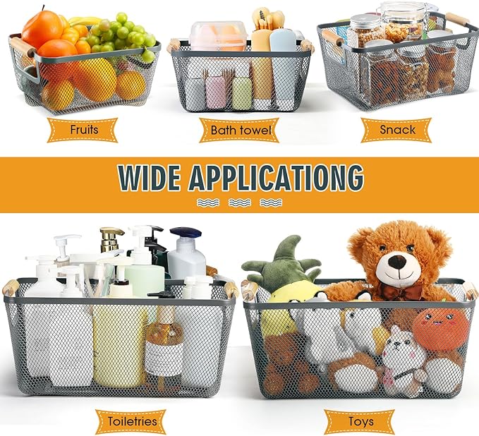 Maxcheck 6 Pack 3 Size Metal Wire Baskets Wooden Handles Steel Mesh Storage Bins Organizer Containers Gift for Home Cabinets Closet Kitchen Food Fruit Freezer Storage Rectangle(Dark Grey)