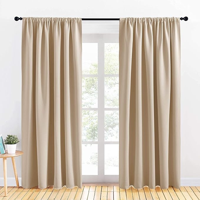 PONY DANCE Room Darkening Curtains - Rod Pocket Top Curtains and Drapes Solid Soft Window Panels Light Block for Living Room, 70 Wide by 84 in Drop, Biscotti Beige, 2 Pieces