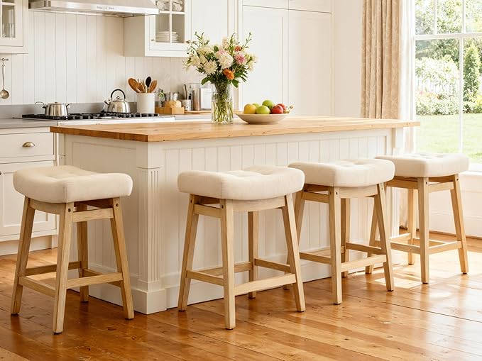 Counter Height Bar Stools Set of 4 for Kitchen Counter, Backless Farmhouse Kitchen Island Barstools with Upholstered Fabric Saddle Seat and Solid Wood Legs Modern 24 inch Bar Chairs, Khaki