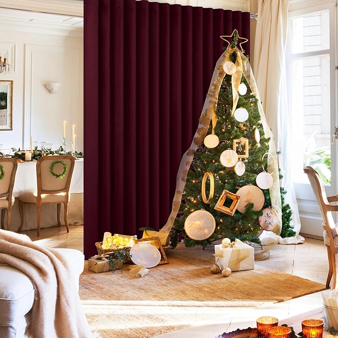 Hiasan Christmas Privacy Room Divider Patio Sliding Door Curtain Extra Wide Blackout Thermal Insulated Curtains with Back Tab & Rod Pocket for Bedroom Partition Living Room (120 x 96 Inches, Burgundy)