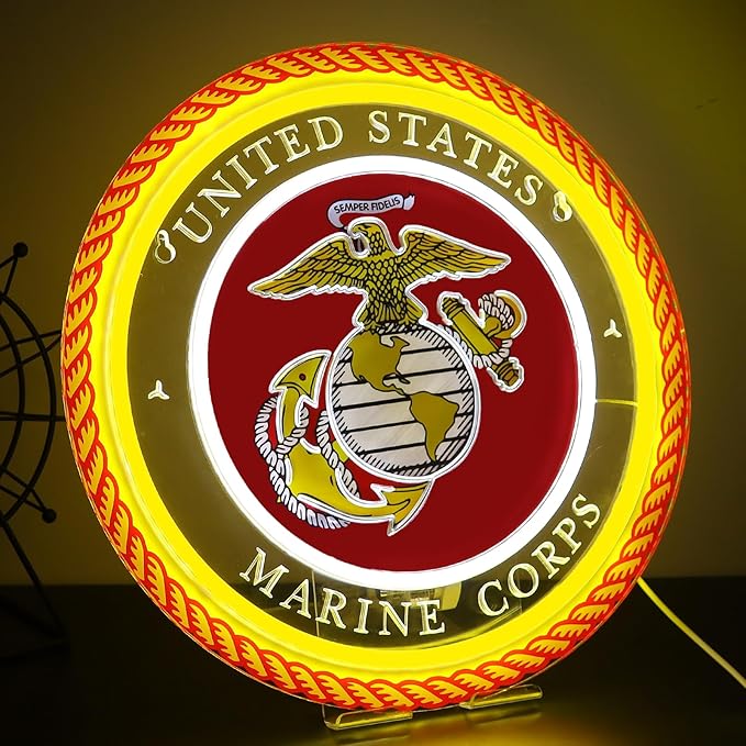 Marine Corp Neon Lights Veteran Neon Signs Wall Decor for Man Cave Bedroom Bar Army Themed Gift Art for Christmas Party-12.6×12.6 IN-USB Powered-Acrylic