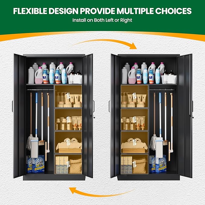 Broom Closet with Lock, Metal Storage Cabinet 36" Wide, 5-Tier Steel Utility Cabinet with Hanging Rod & Doors for Garage, Laundry Room, Warehouse Storage