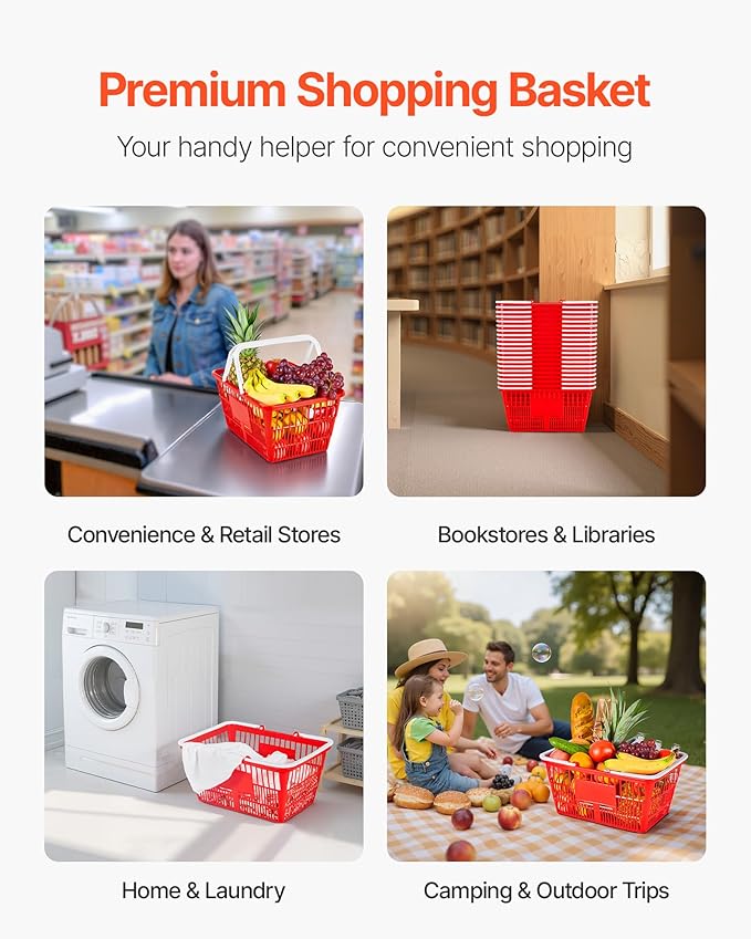 VEVOR Shopping Baskets, 20 PCS, 21L Stackable PE Plastic Grocery Baskets with Handles, Dense Mesh Structure, Holds up to 20 lbs, Portable for Grocery, Retail, Stores, Supermarket, Home Use, Red