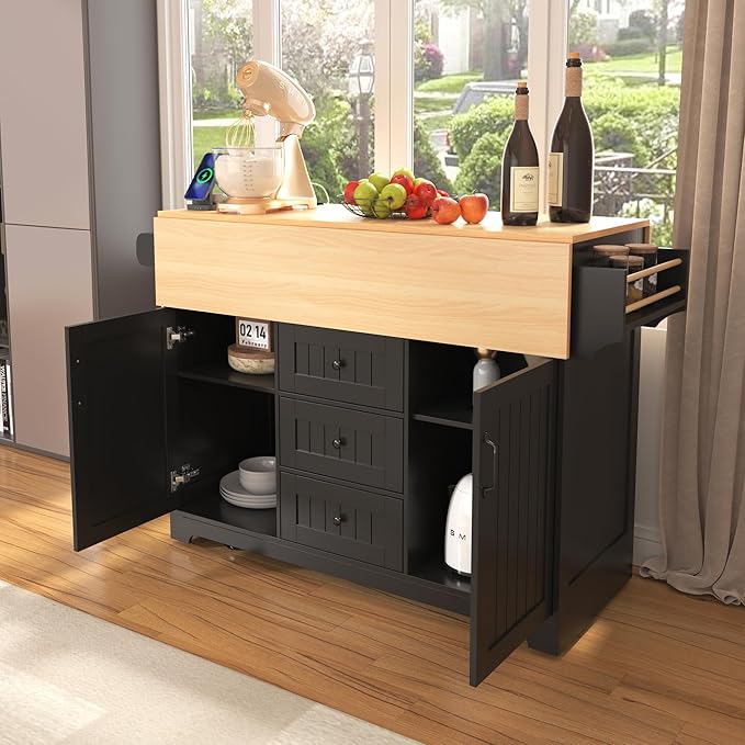 Merax 55.7" Upgraded Large Kitchen Cart Island on Wheels with 2 Drop Leaf,Power Outlet,3 Drawers,Wood Frame Storage Cabinet