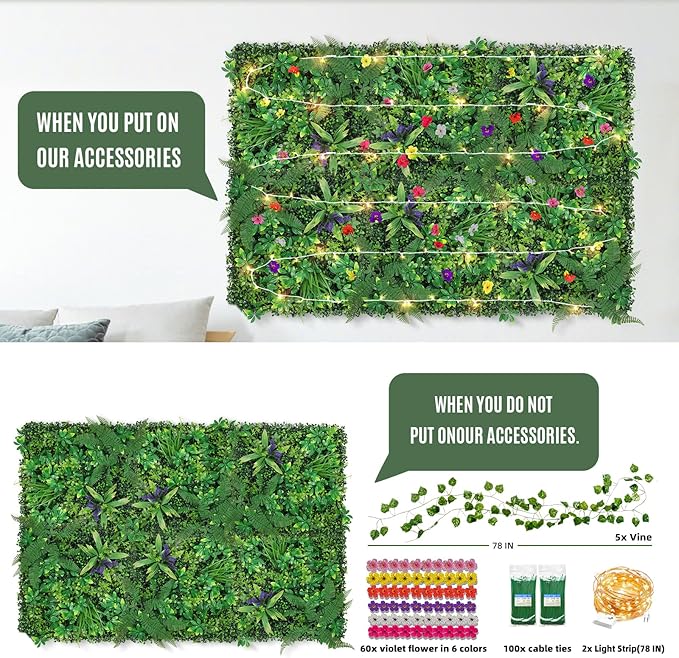 Artificial Boxwood Panel 8 Pieces 20"x20", Green Grass Wall Backdrop Wall for Fence Patio Backrop Balcony, Faux Ivy Privacy Fence Screen, 5 PCS Vines, 60 PCS Violet Flower, 2 PCS Light Strip